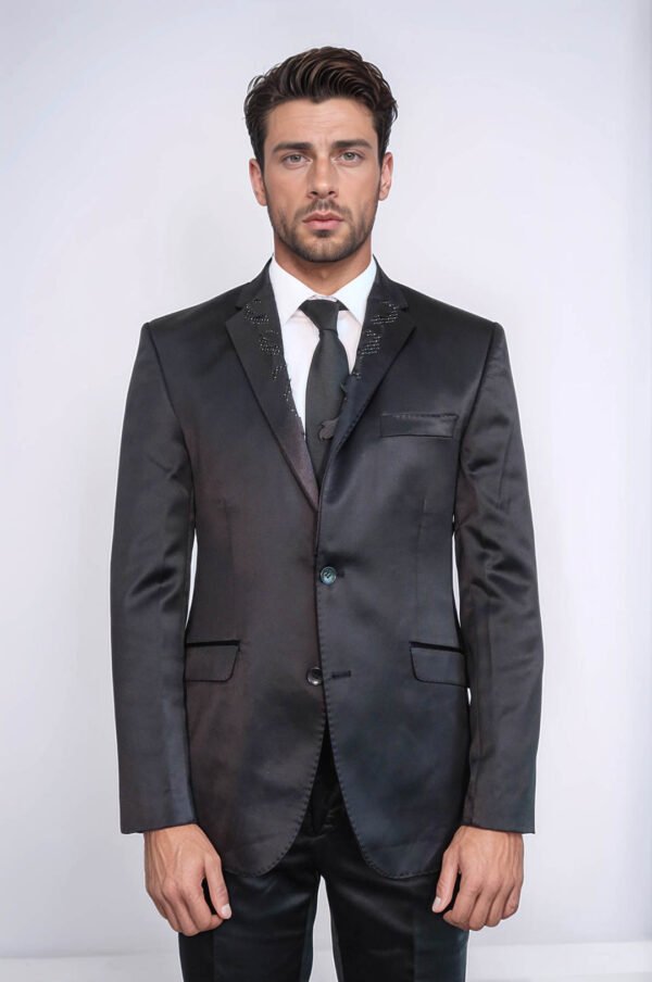 Two Piece Two Buttons Modeled Lapel Satin Black Men Groom Suit