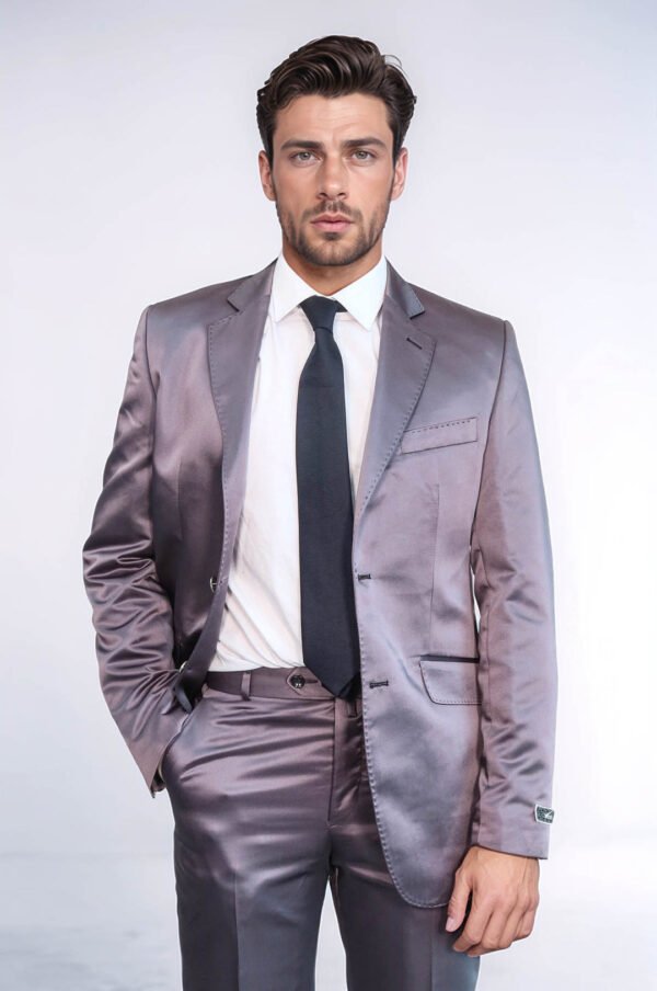 Two Piece Two Buttons Modeled Lapel Satin Grey Men Groom Suit