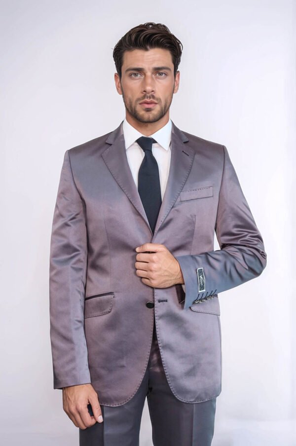 Two Piece Two Buttons Modeled Lapel Satin Grey Men Groom Suit