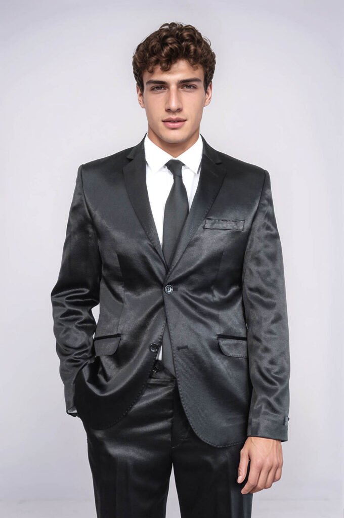 Two Piece Two Buttons Patterned Satin Black Men Suit