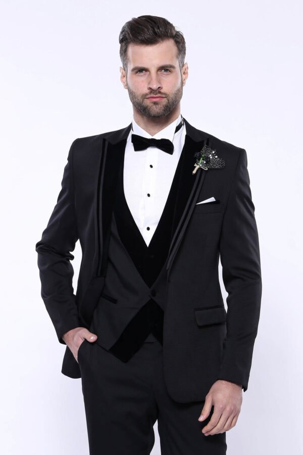 Velvet Collar Patterned Black Tuxedo