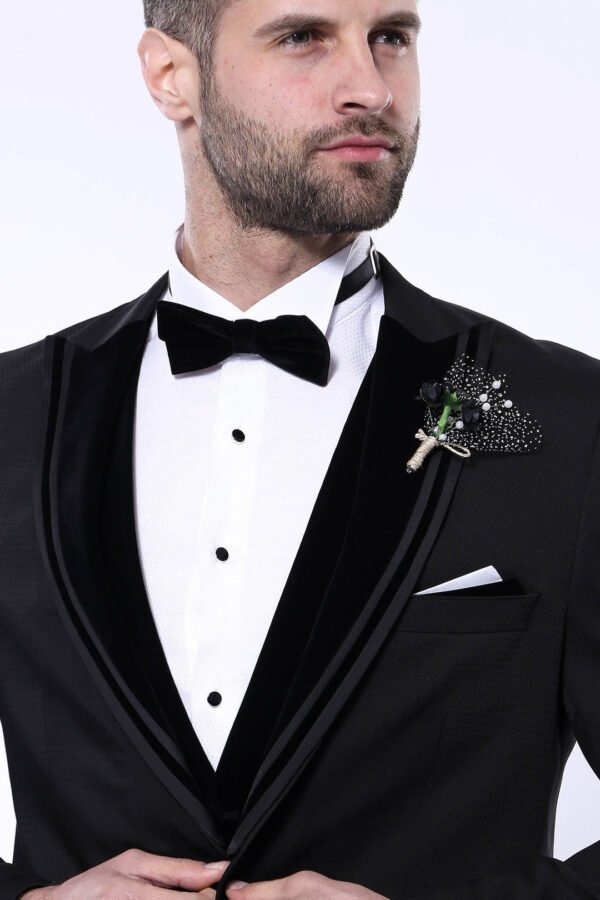 Velvet Collar Patterned Black Tuxedo