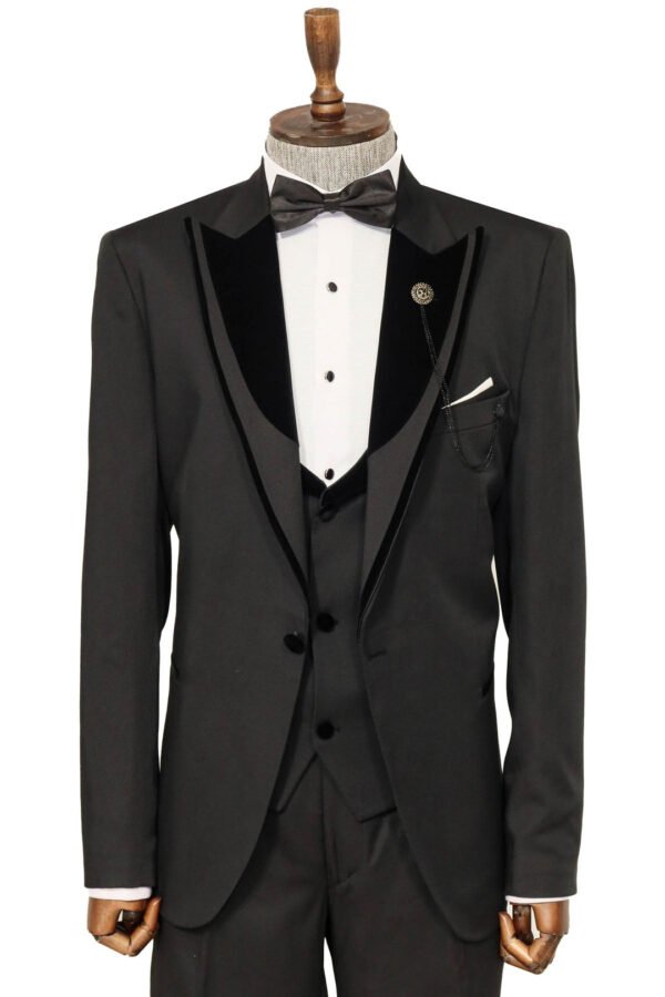 Velvet Collar Patterned Black Tuxedo