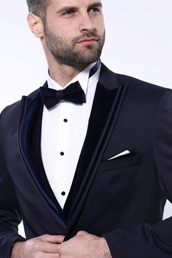 Velvet Collar Patterned Dark Blue Tuxedo