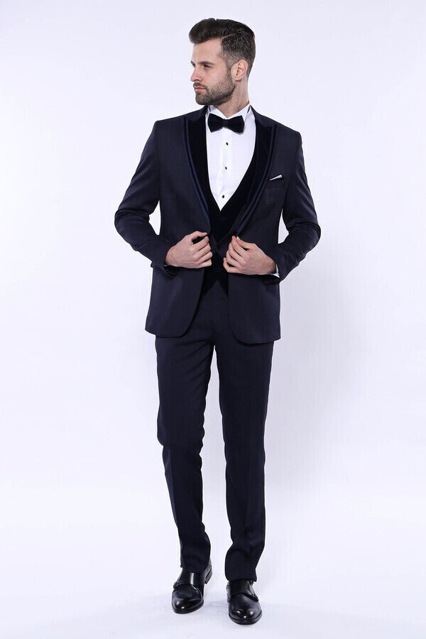 Velvet Collar Patterned Dark Blue Tuxedo