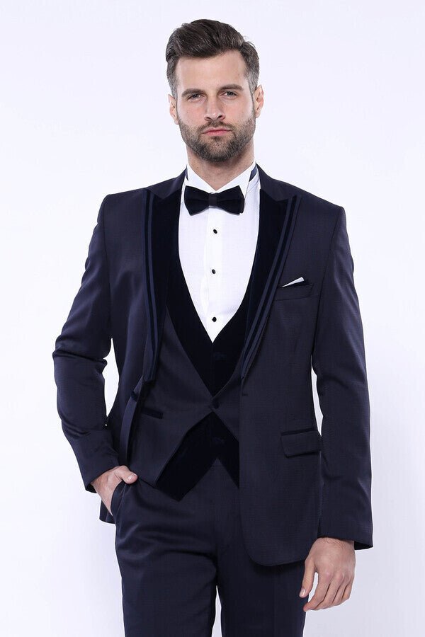 Velvet Collar Patterned Dark Blue Tuxedo