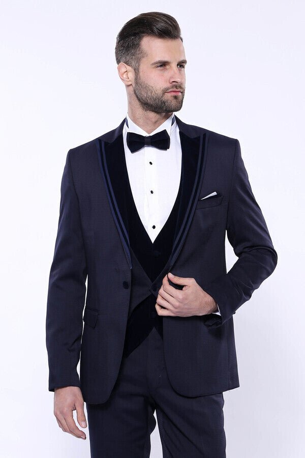 Velvet Collar Patterned Dark Blue Tuxedo