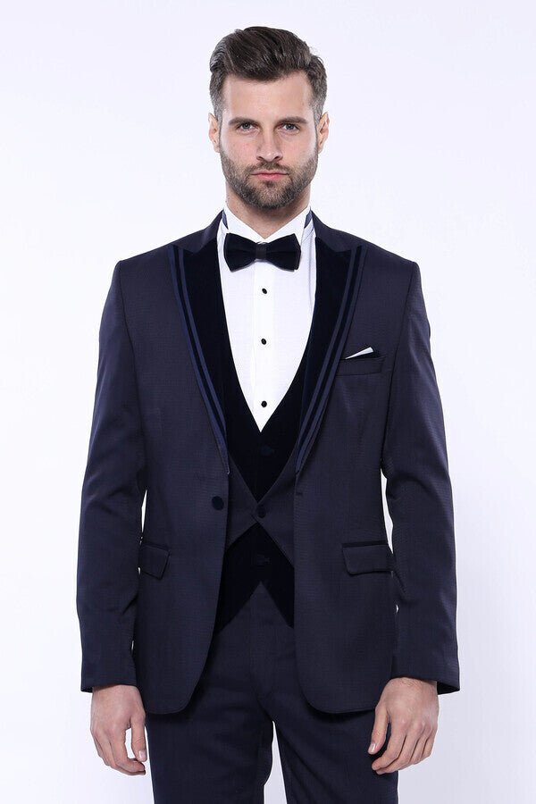 Velvet Collar Patterned Dark Blue Tuxedo