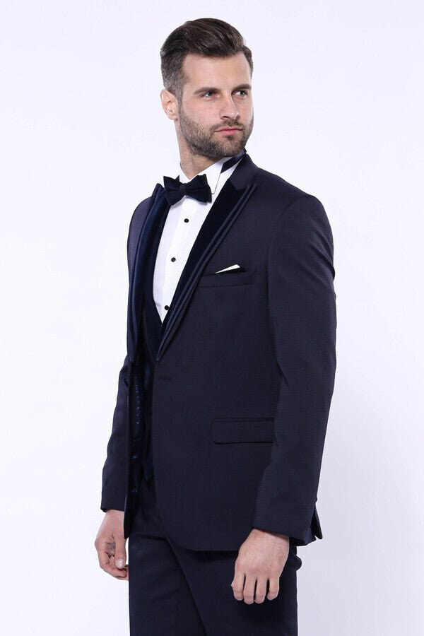 Velvet Collar Patterned Dark Blue Tuxedo