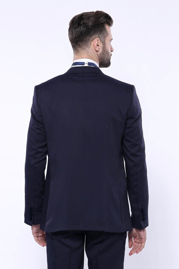 Velvet Collar Patterned Dark Blue Tuxedo