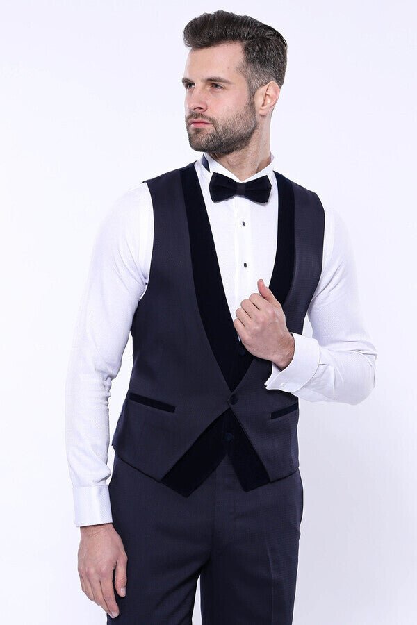 Velvet Collar Patterned Dark Blue Tuxedo