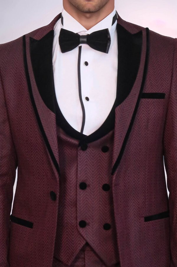 Velvet Lapel Patterned Vested Burgundy Men Tuxedo
