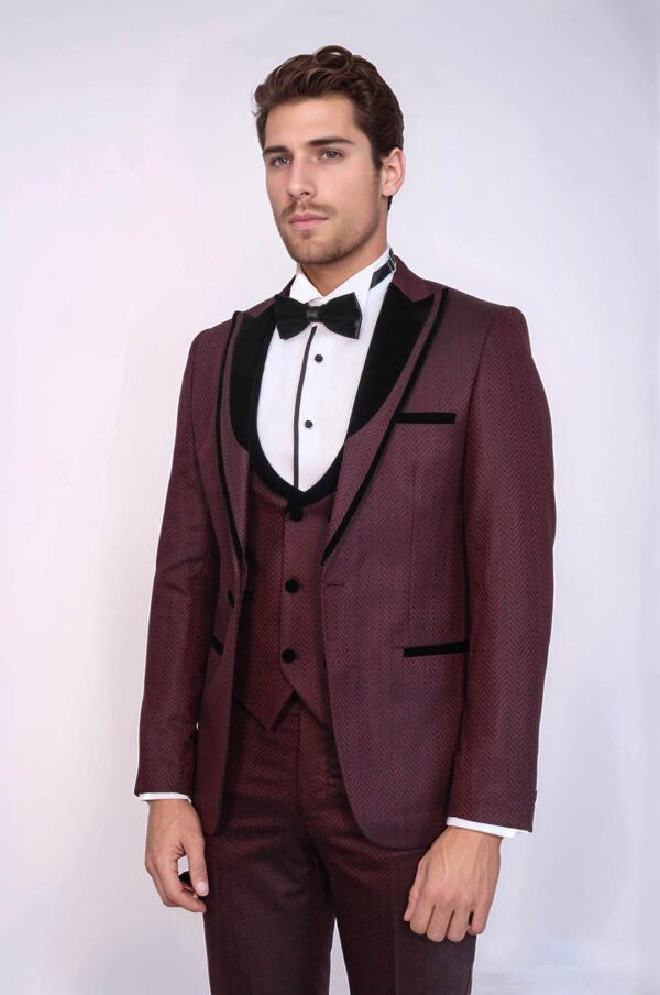 Velvet Lapel Patterned Vested Burgundy Men Tuxedo