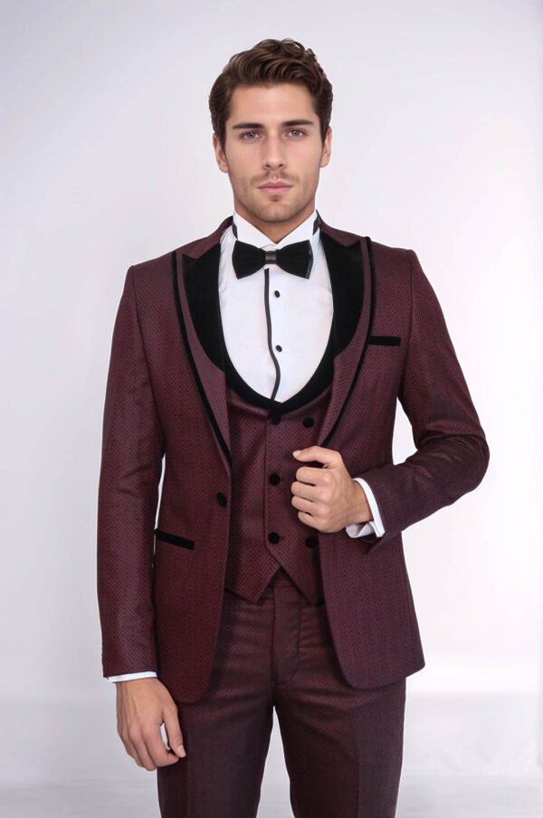 Velvet Lapel Patterned Vested Burgundy Men Tuxedo