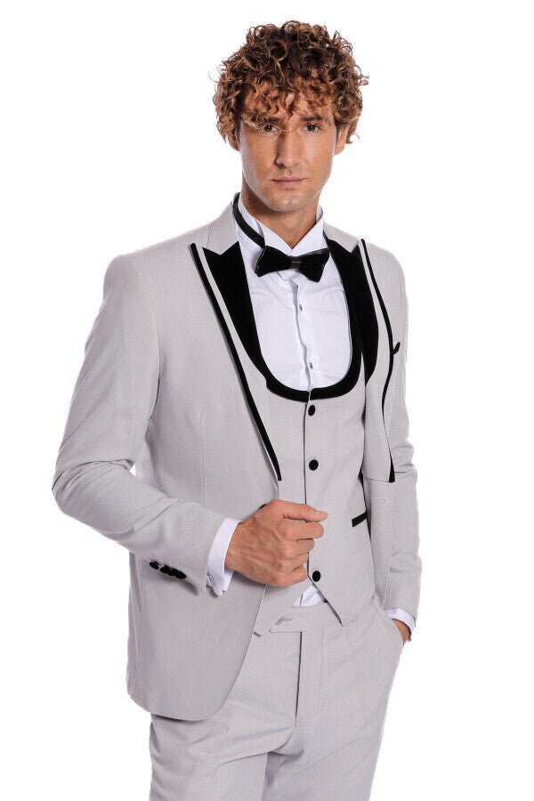 Velvet Lapel Vested Patterned Grey Men Tuxedo