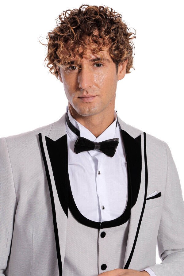 Velvet Lapel Vested Patterned Grey Men Tuxedo