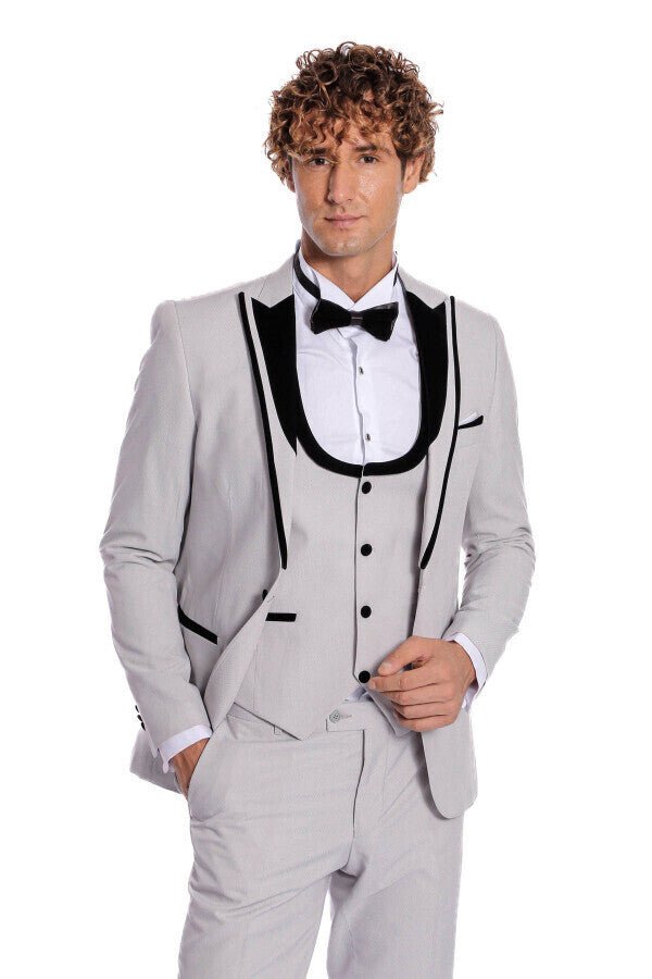 Velvet Lapel Vested Patterned Grey Men Tuxedo