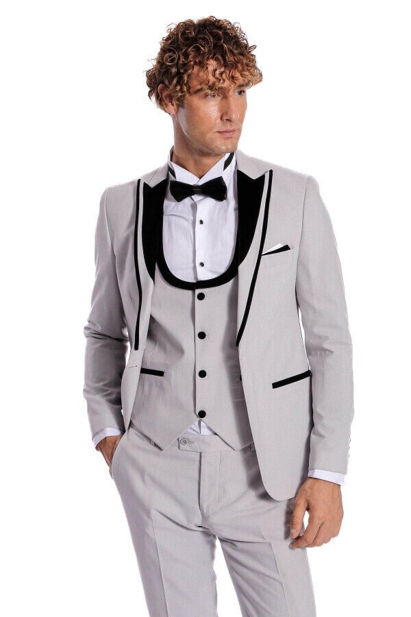 Velvet Lapel Vested Patterned Grey Men Tuxedo