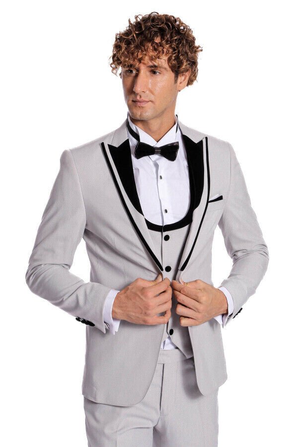 Velvet Lapel Vested Patterned Grey Men Tuxedo