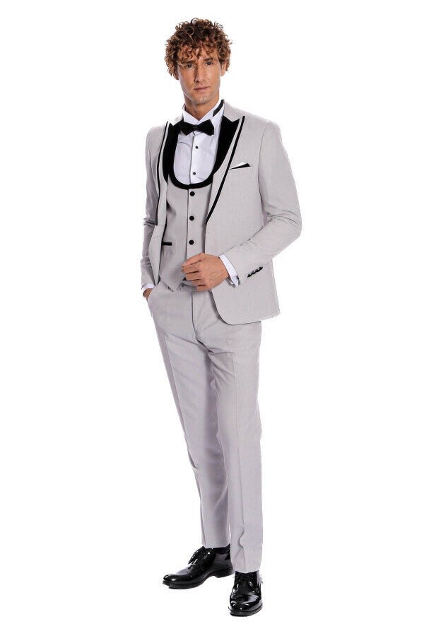 Velvet Lapel Vested Patterned Grey Men Tuxedo