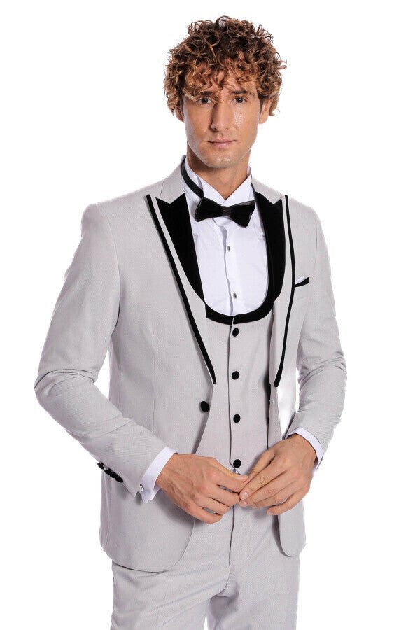 Velvet Lapel Vested Patterned Grey Men Tuxedo