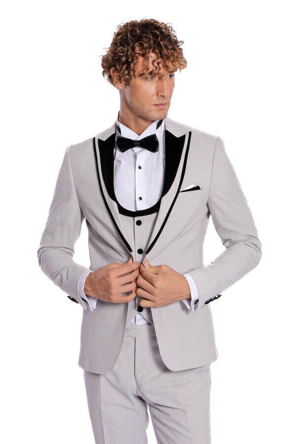 Velvet Lapel Vested Patterned Grey Men Tuxedo