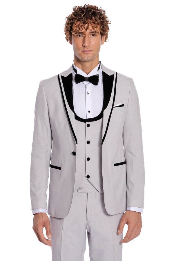 Velvet Lapel Vested Patterned Grey Men Tuxedo