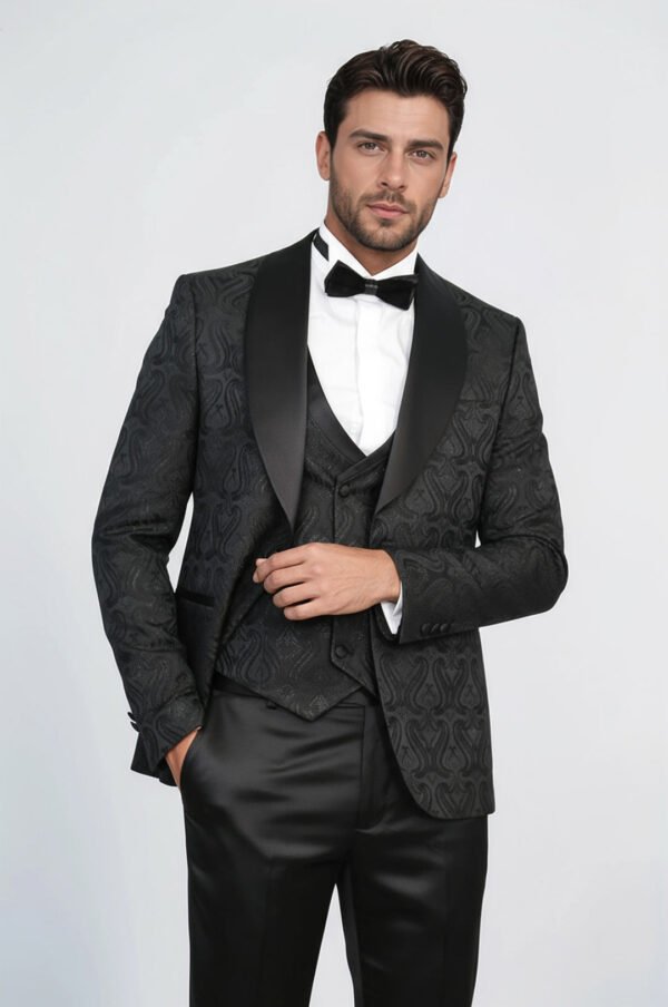 Wavy Patterned Shawl Collar Vested Black Tuxedo