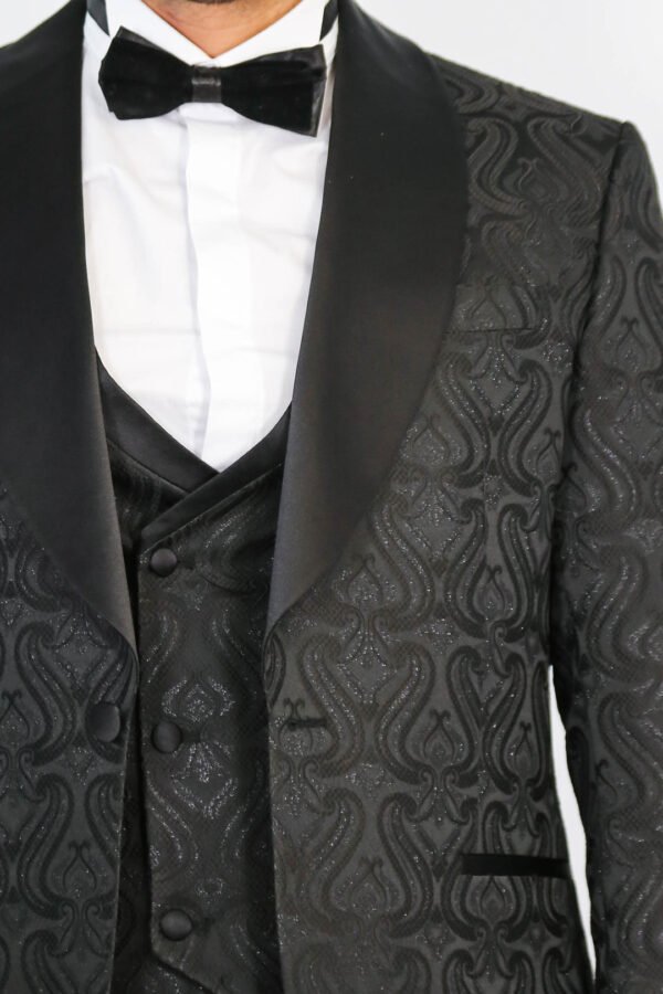 Wavy Patterned Shawl Collar Vested Black Tuxedo