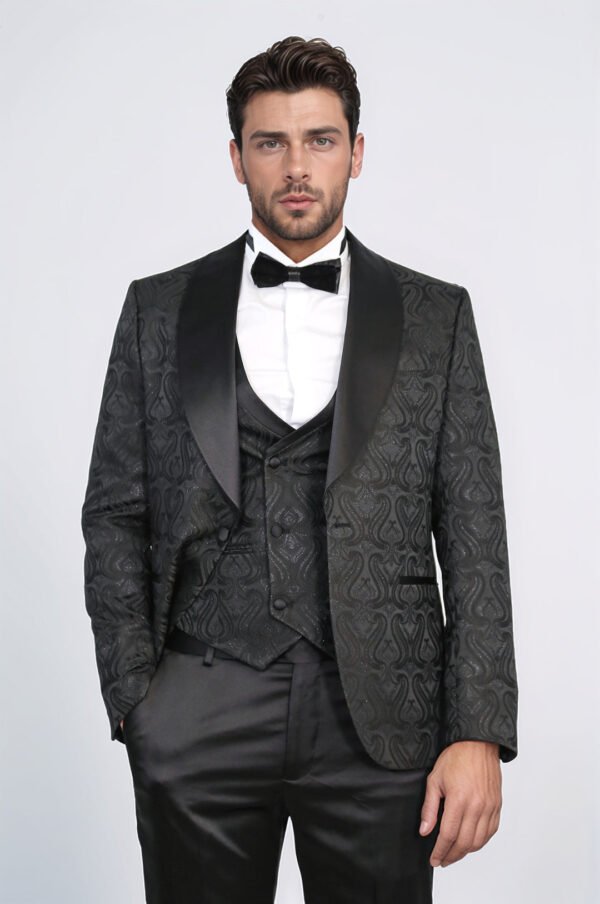 Wavy Patterned Shawl Collar Vested Black Tuxedo