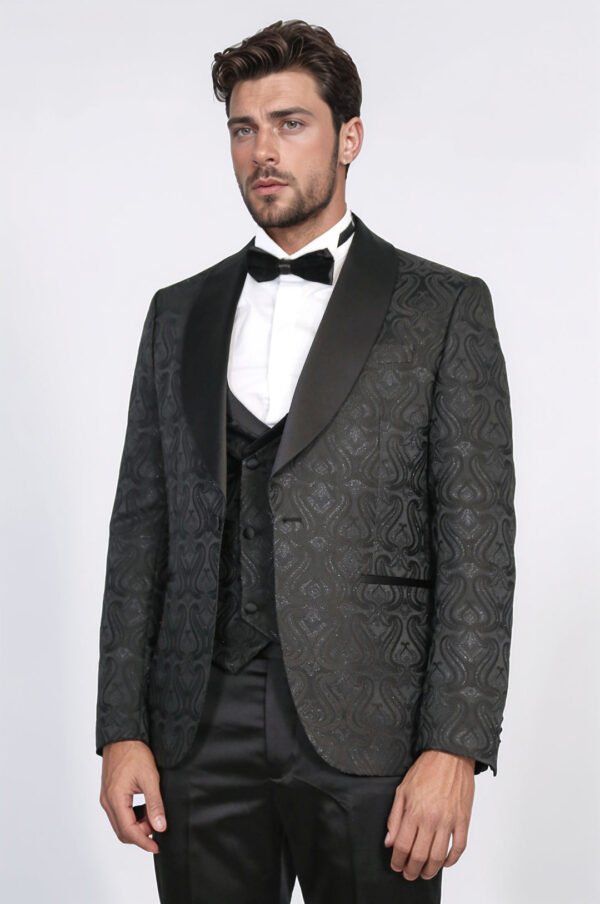 Wavy Patterned Shawl Collar Vested Black Tuxedo