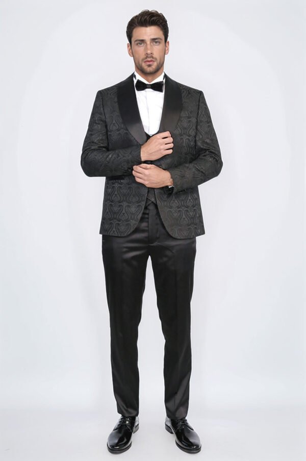 Wavy Patterned Shawl Collar Vested Black Tuxedo