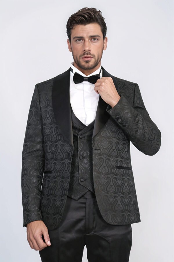 Wavy Patterned Shawl Collar Vested Black Tuxedo