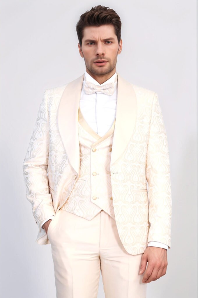 Wavy Patterned Shawl Collar Vested Cream Tuxedo