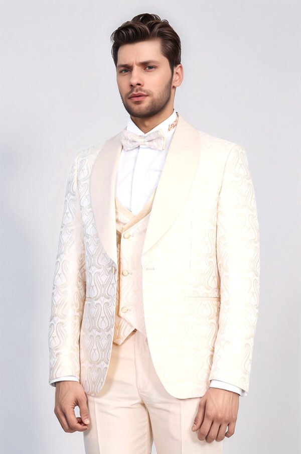 Wavy Patterned Shawl Collar Vested Cream Tuxedo