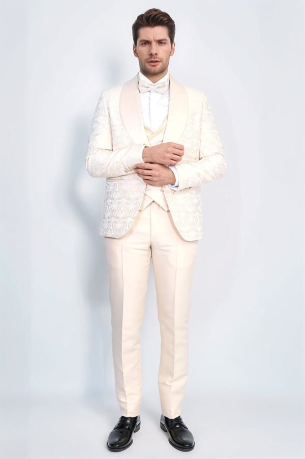 Wavy Patterned Shawl Collar Vested Cream Tuxedo