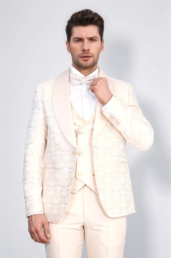 Wavy Patterned Shawl Collar Vested Cream Tuxedo