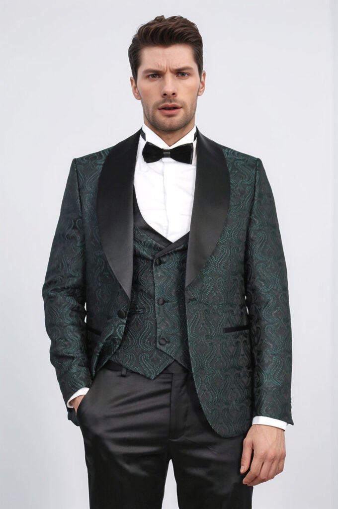 Wavy Patterned Shawl Collar Vested Green Tuxedo