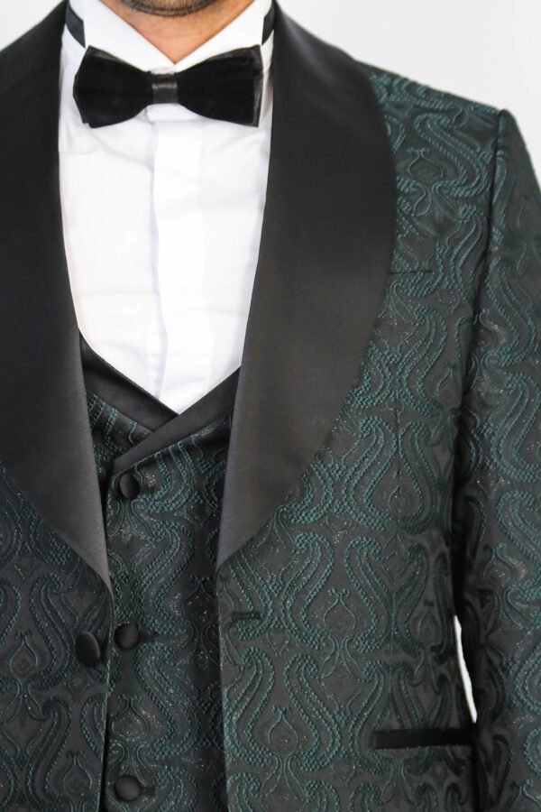 Wavy Patterned Shawl Collar Vested Green Tuxedo
