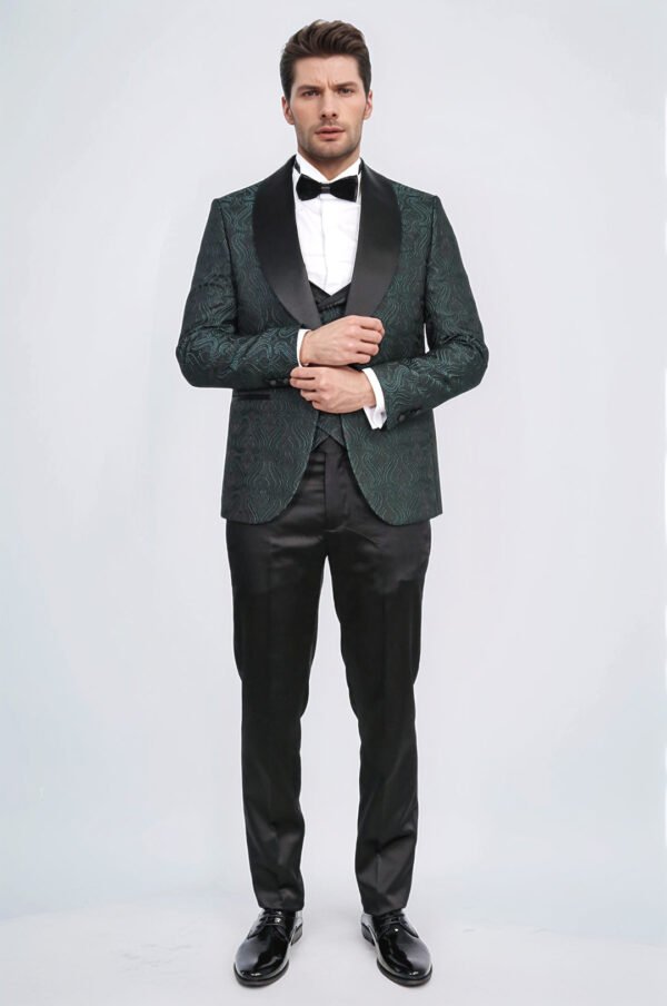 Wavy Patterned Shawl Collar Vested Green Tuxedo