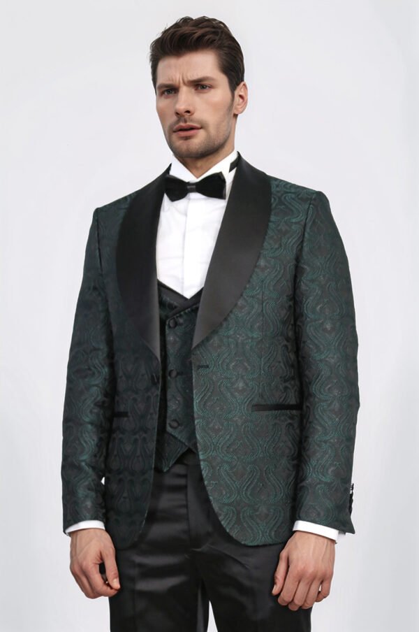 Wavy Patterned Shawl Collar Vested Green Tuxedo