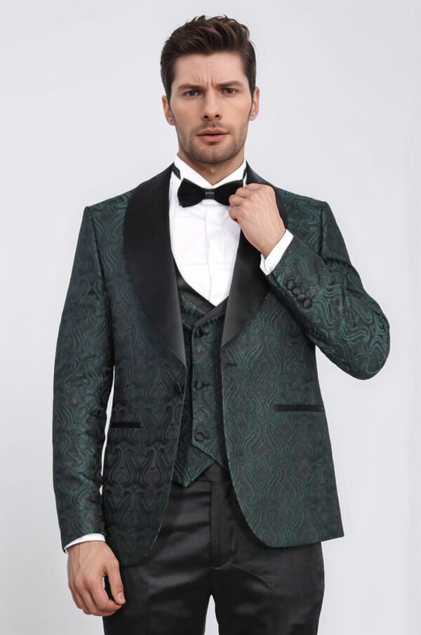 Wavy Patterned Shawl Collar Vested Green Tuxedo