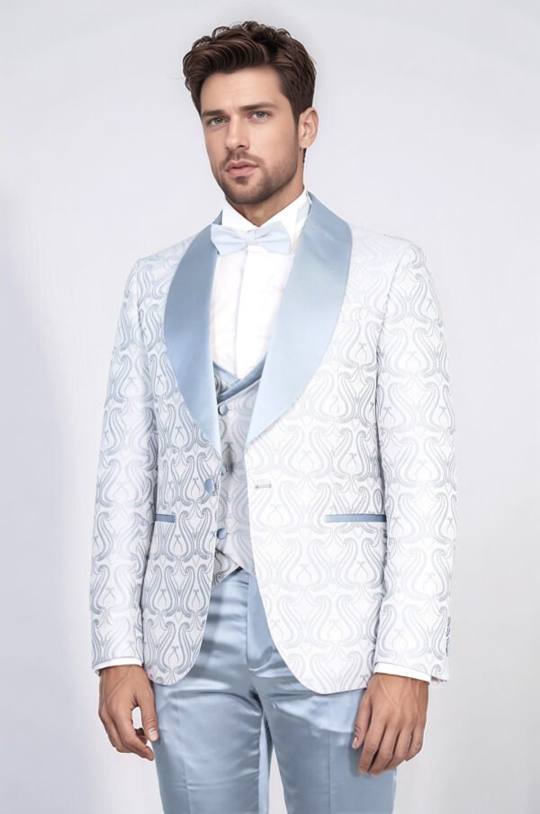 Wavy Patterned Shawl Collar Vested Ice Blue Tuxedo