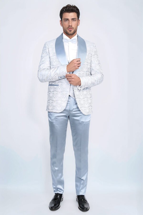 Wavy Patterned Shawl Collar Vested Ice Blue Tuxedo