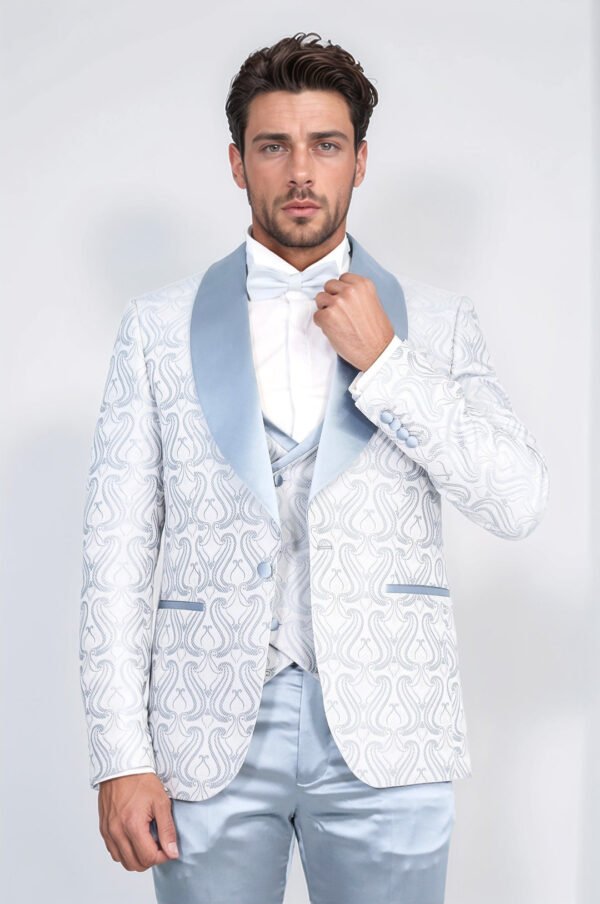 Wavy Patterned Shawl Collar Vested Ice Blue Tuxedo