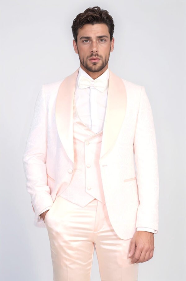 Wavy Patterned Shawl Collar Vested Powder Pink Tuxedo