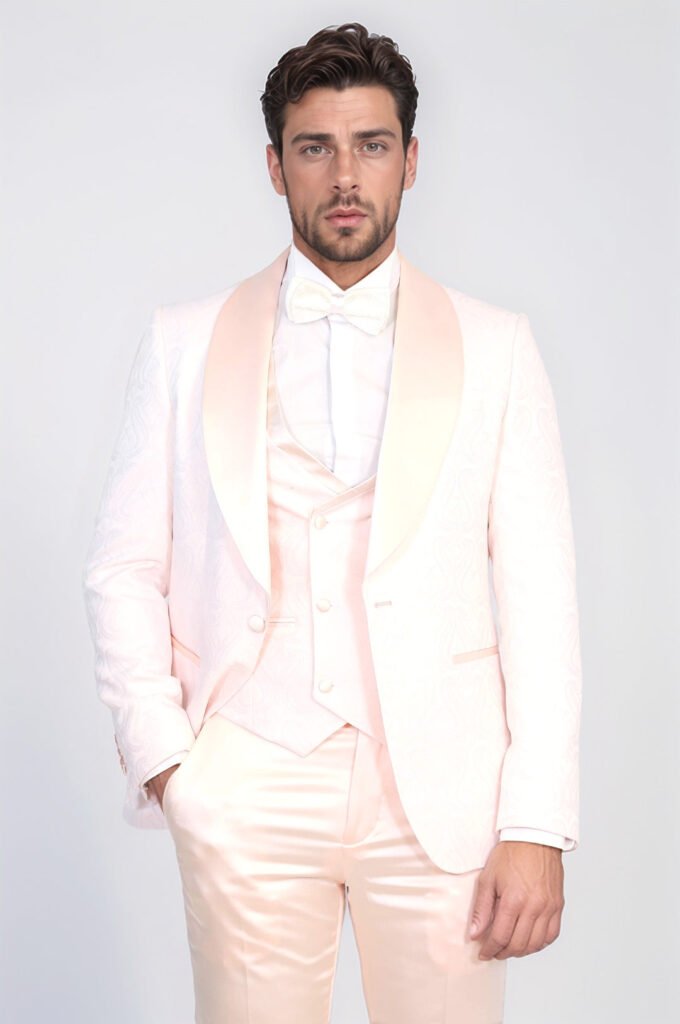 Wavy Patterned Shawl Collar Vested Powder Pink Tuxedo