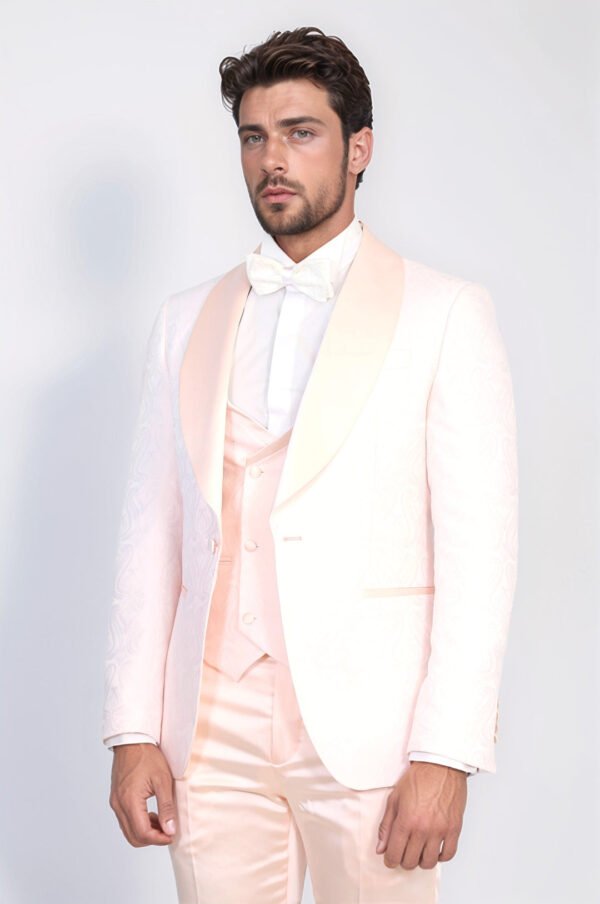 Wavy Patterned Shawl Collar Vested Powder Pink Tuxedo1