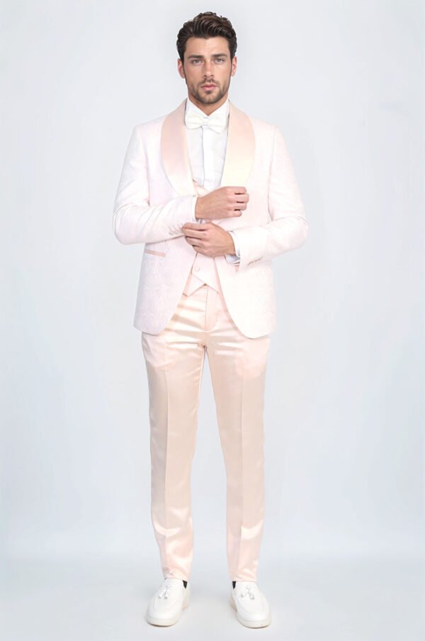 Wavy Patterned Shawl Collar Vested Powder Pink Tuxedo1