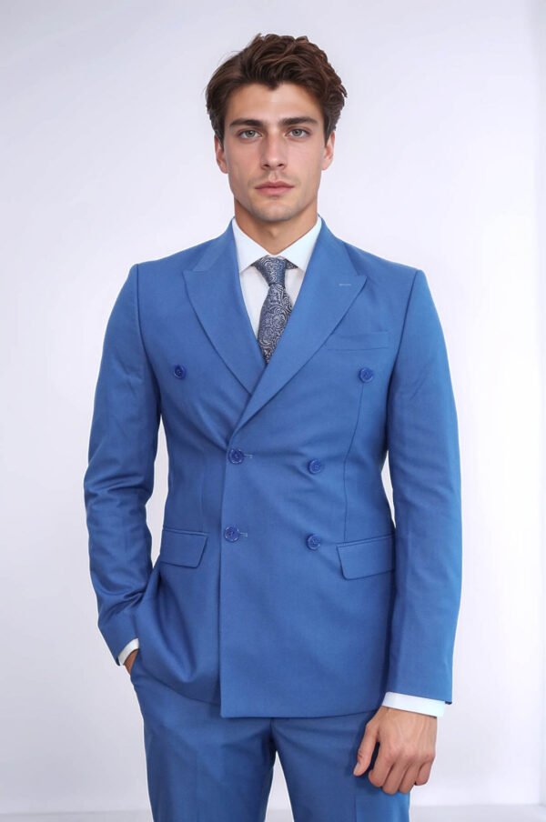 Wide Peak Lapel Striped Slim Fit Blue Men Double-Breasted Suit